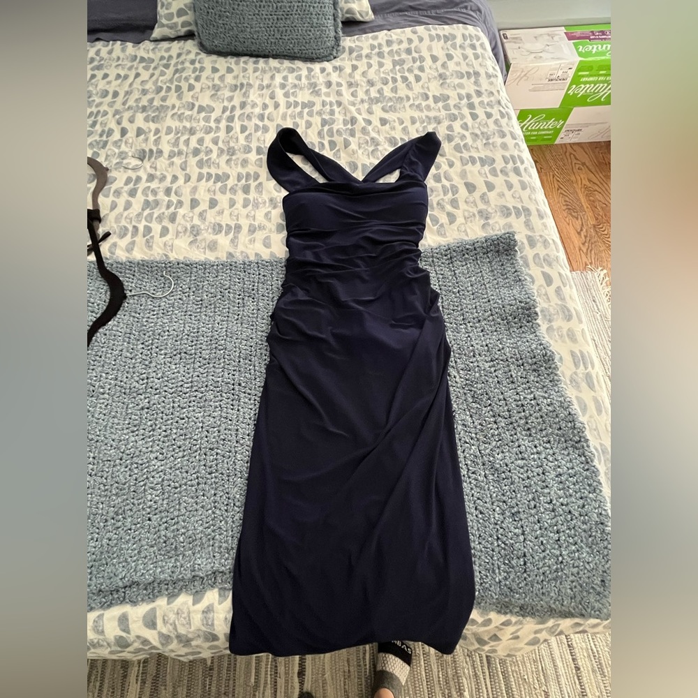 Sleek stylish Laundry navy dress with cross straps and ruching